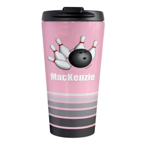 Personalized Bowling Ball and Pins Pink - Bowling Travel Mug