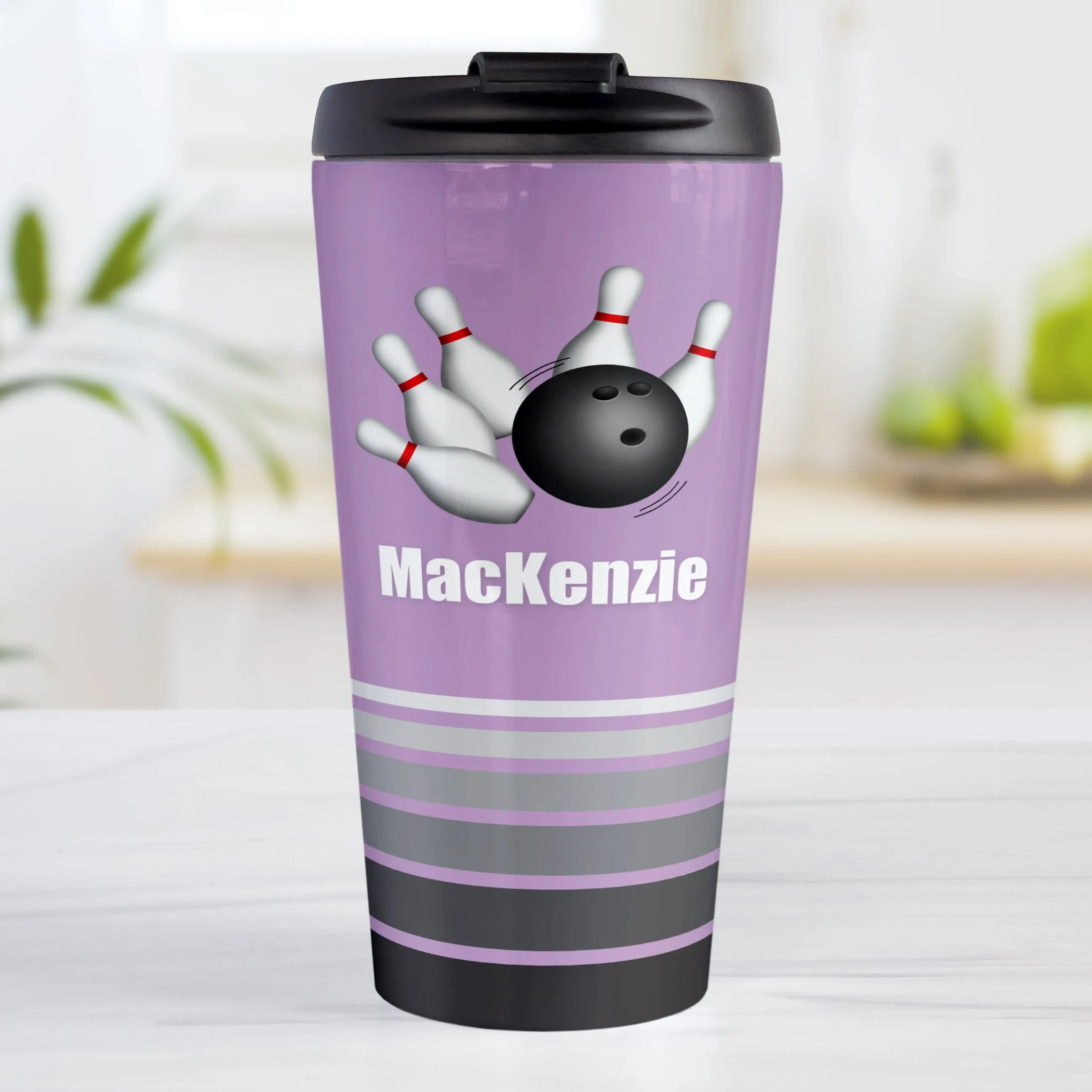 Personalized Bowling Ball and Pins Purple - Bowling Travel Mug