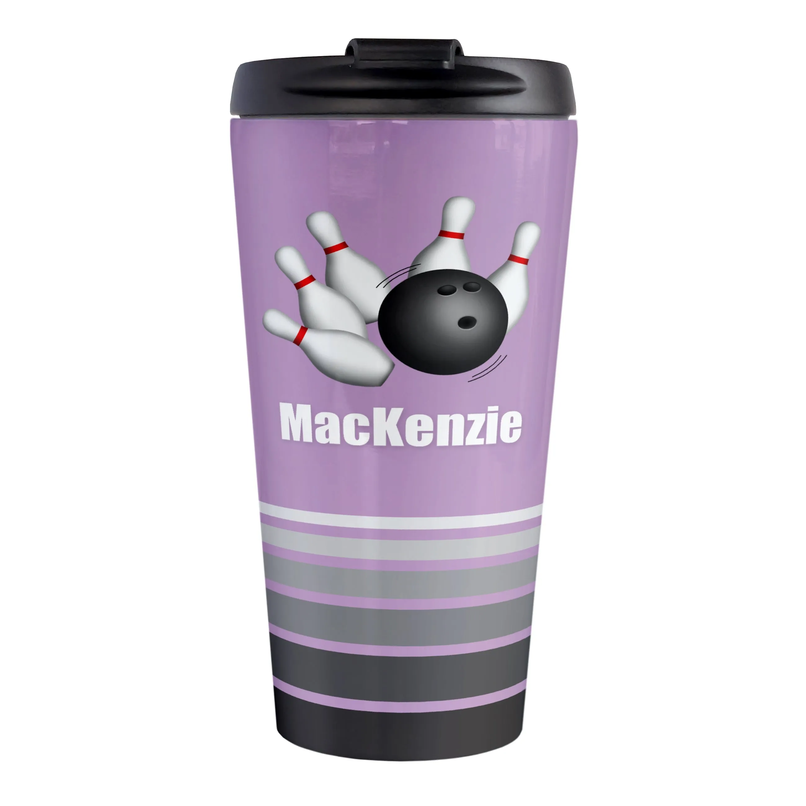 Personalized Bowling Ball and Pins Purple - Bowling Travel Mug