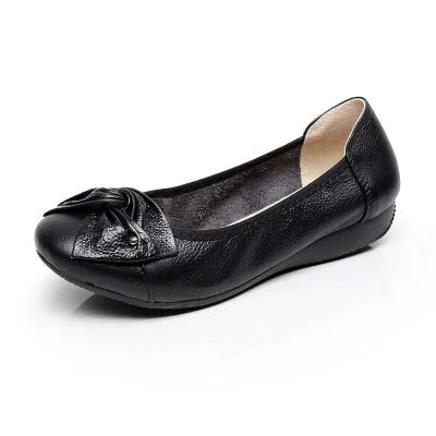 Purpdrank - Plus Size Spring\Autumn Genuine Leather Shoes Woman Flats Work Classi Fashion Bowknot Female Casual Ballet Ladies Shoes