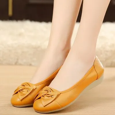 Purpdrank - Plus Size Spring\Autumn Genuine Leather Shoes Woman Flats Work Classi Fashion Bowknot Female Casual Ballet Ladies Shoes