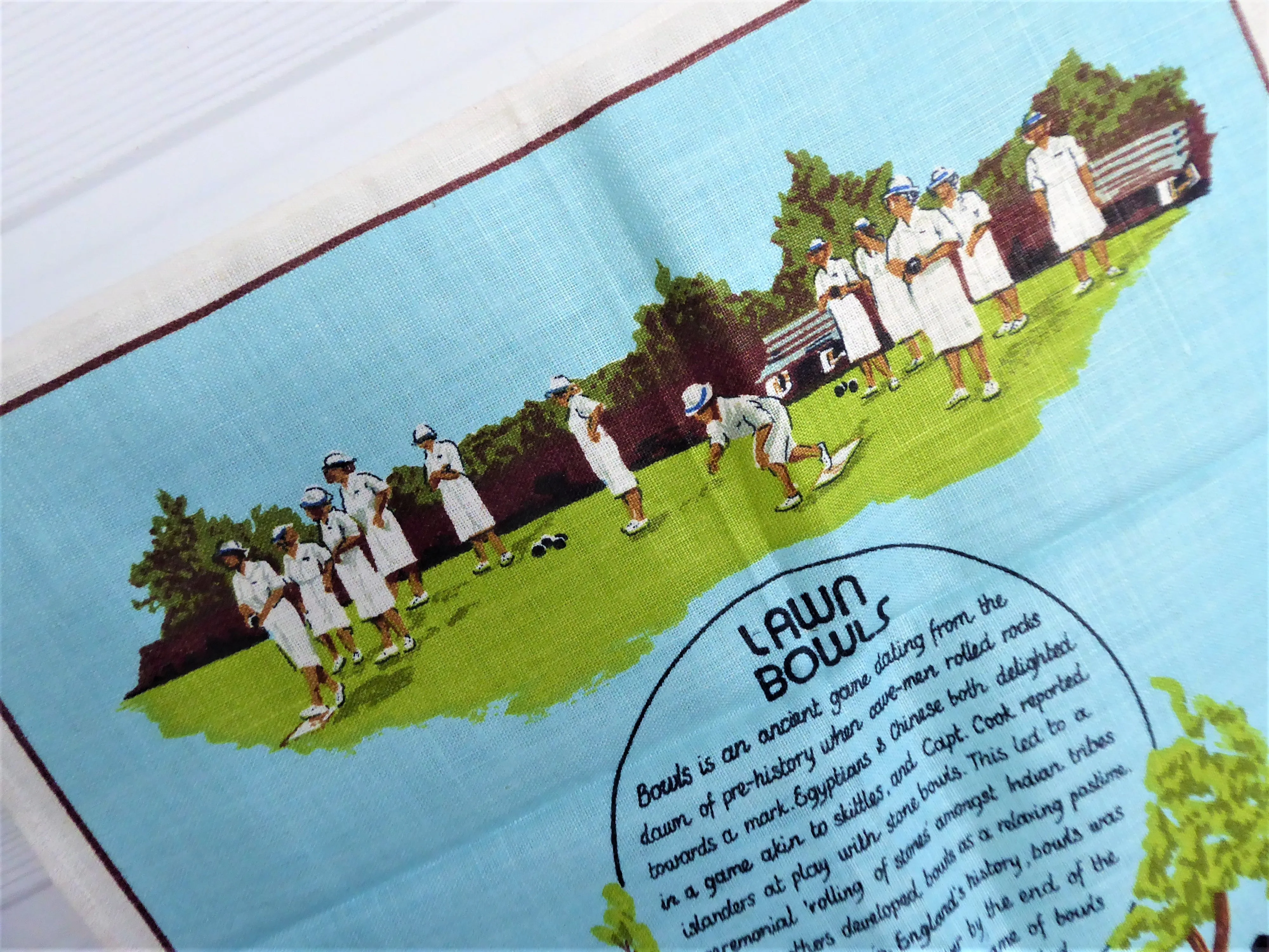 Tea Towel Lawn Bowls Sir Walter Raleigh 1960s Linen History Of Lawn Bowling