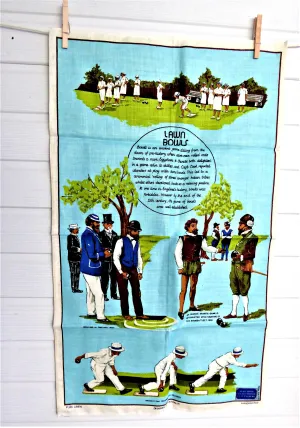 Tea Towel Lawn Bowls Sir Walter Raleigh 1960s Linen History Of Lawn Bowling