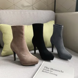 Thin High Heel Slip On Suede Leather Ankle Boots