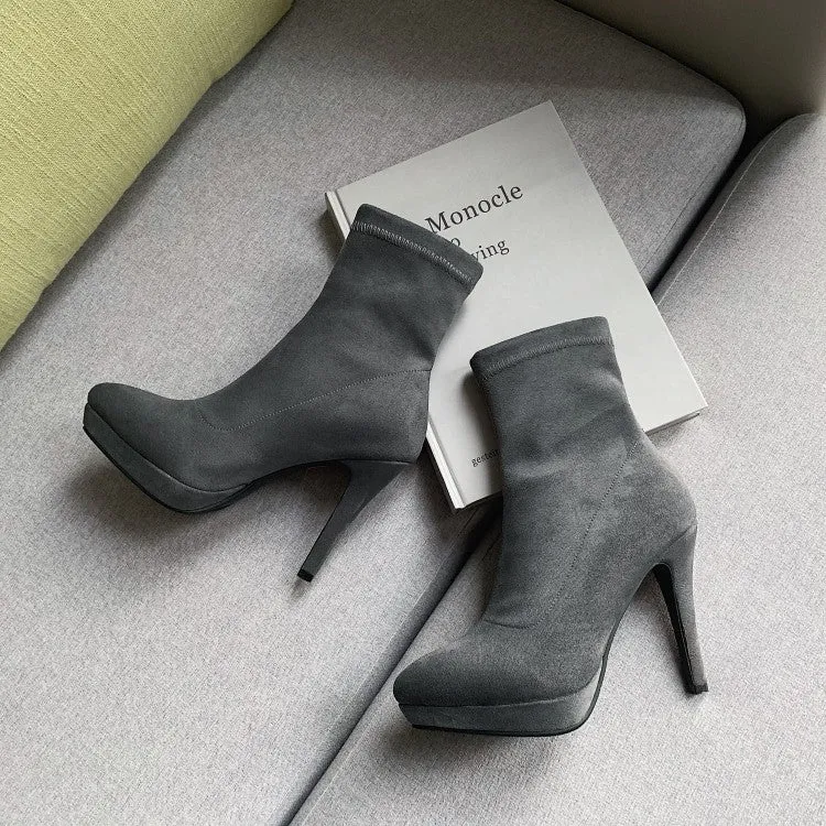 Thin High Heel Slip On Suede Leather Ankle Boots