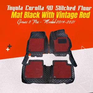 Toyota Corolla 9D Stitched Floor Mat Mix Thread Black With Vintage Red Grass 3 Pcs - Model 2014-2021