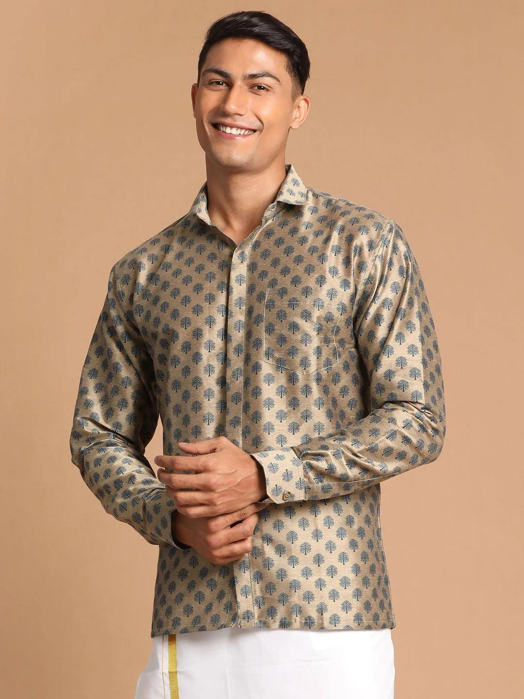 VASTRAMAY Men's Brown Silk Blend Printed Shirt