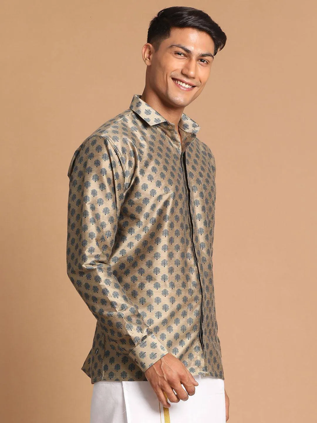 VASTRAMAY Men's Brown Silk Blend Printed Shirt