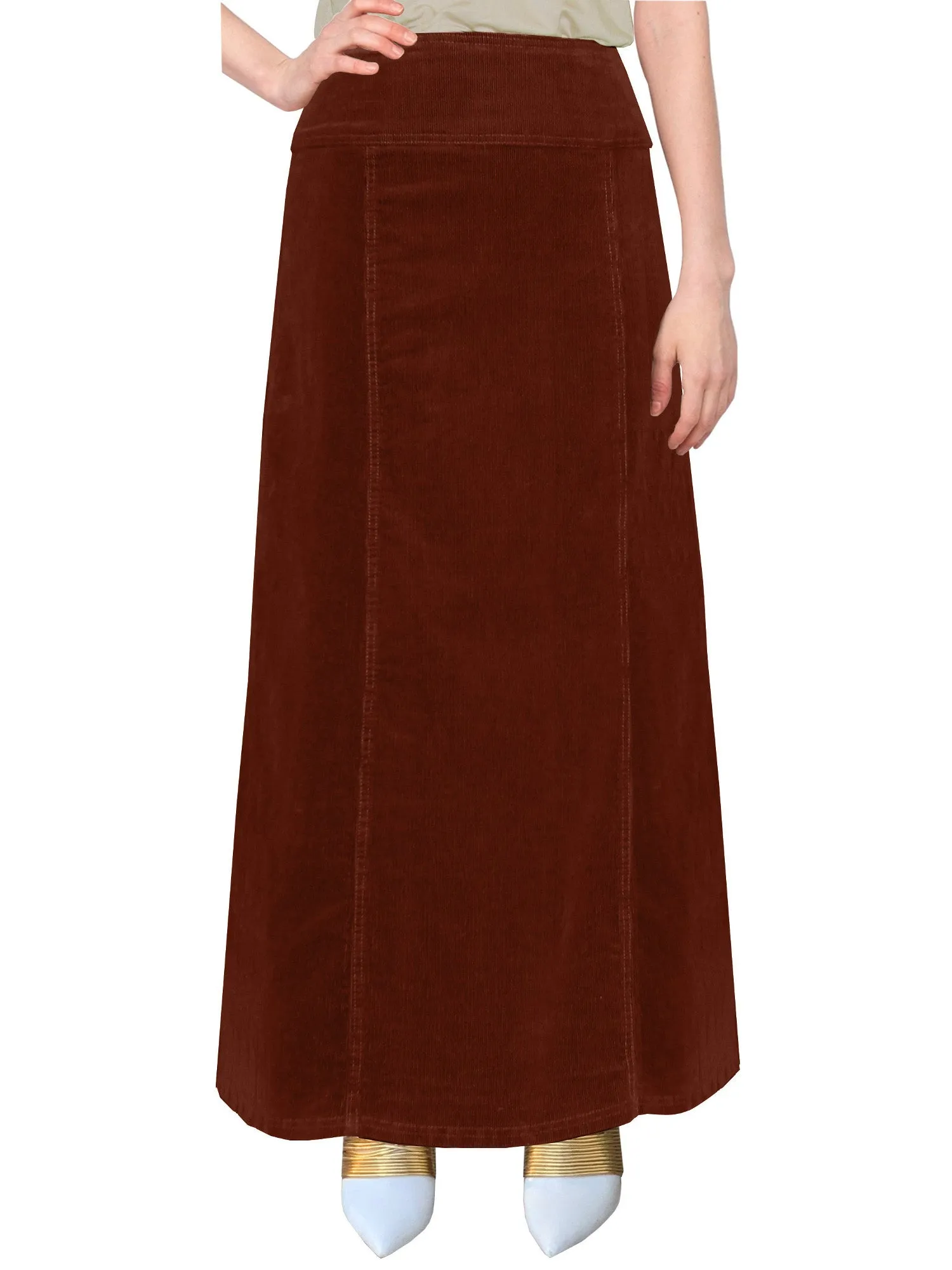 Women's Long Ankle Length Stretch Corduroy A-Line Panel Skirt