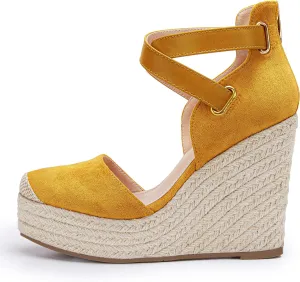 Yellow Suede Wedge Ankle Strap Closed Toe Sandalse